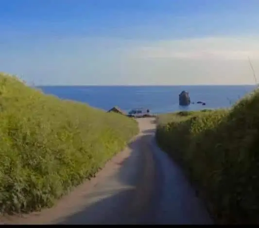 A path between green banks leading down to the sea